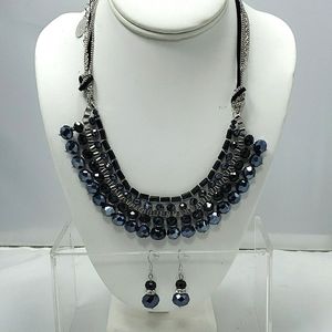 Ali khan black glass bead bib necklace with chain suede back & matching earring